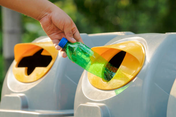 Hand holding recyclable plastic bottle in garbage bin with sunset light